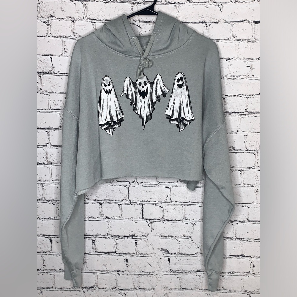 Halloween Women’s Ghost Cropped Hoodie Grey- NWT